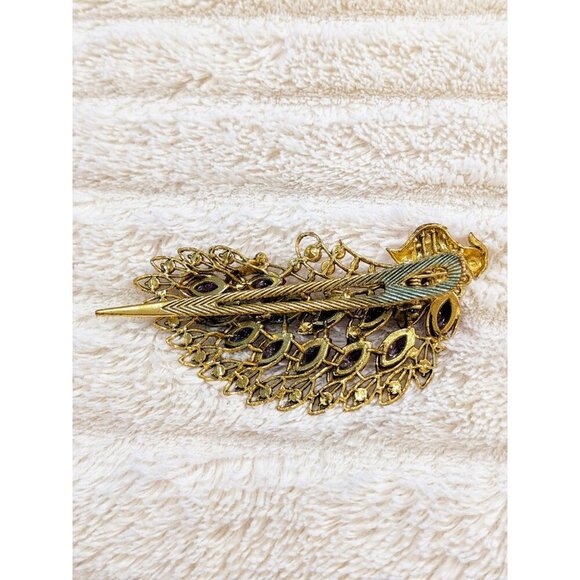 Vintage Hair Jewelry Clip Peacock Rhinestones Red Pink Faux Gems Gold Tone - Picture 4 of 5